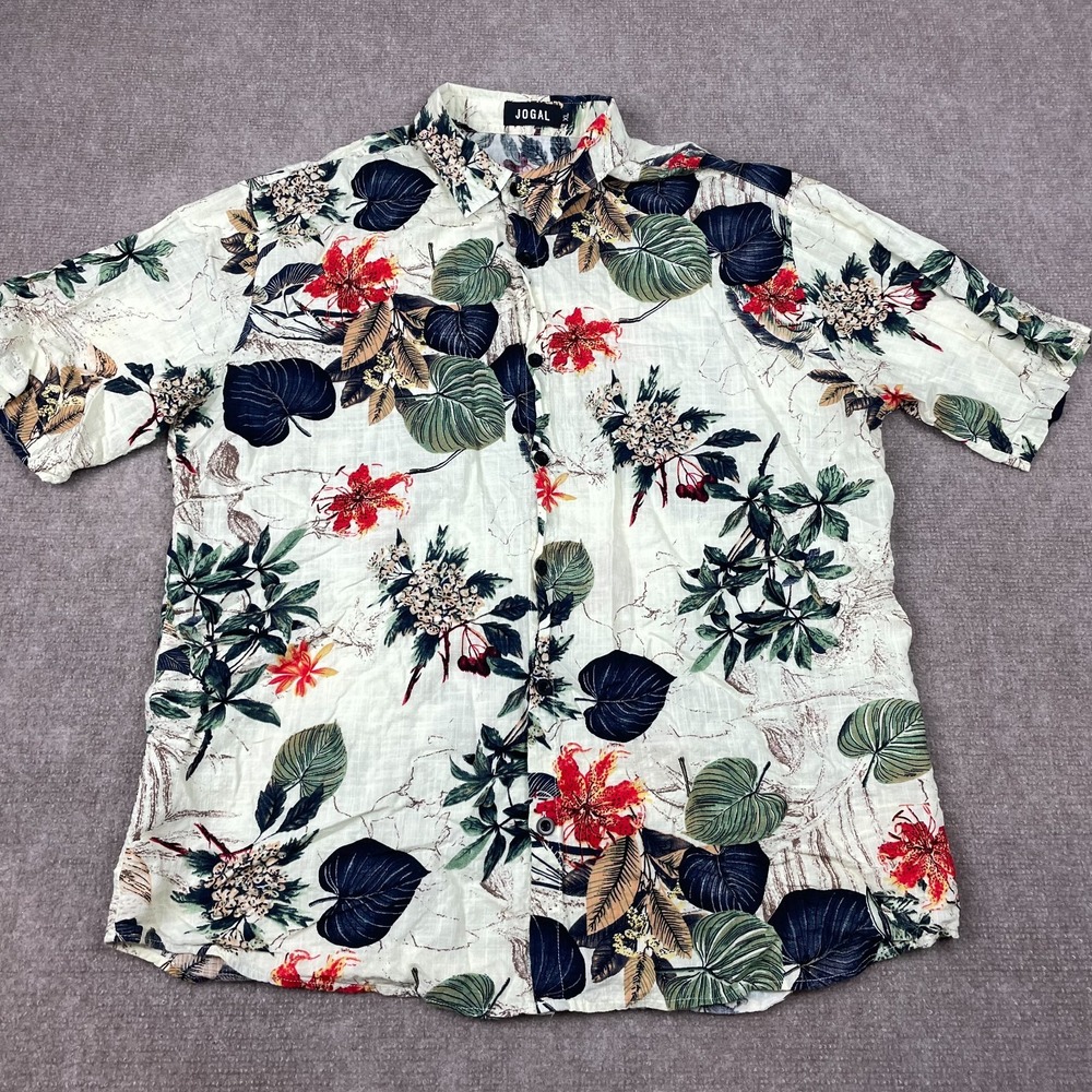 Jogal Hawaiian Shirt Mens XL White Multi Floral Tropical Leaves AOP Button Up